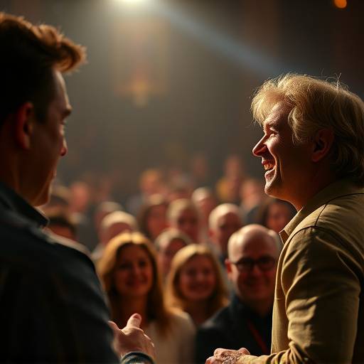 Een acteur maakt contact met het publiek vanuit het podium, met een warme glimlach.