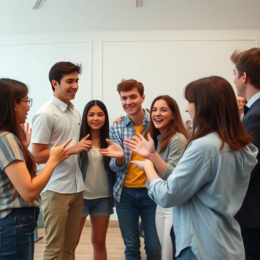 Een groep studenten neemt deel aan een acteerles met levendige gebaren en expressies.