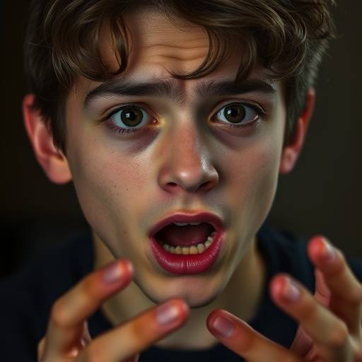 Een student brengt een emotioneel beladen monoloog met intense oogopslag en gebaren.