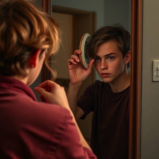Een student oefent een dramatische scène voor een spiegel, met intense concentratie.