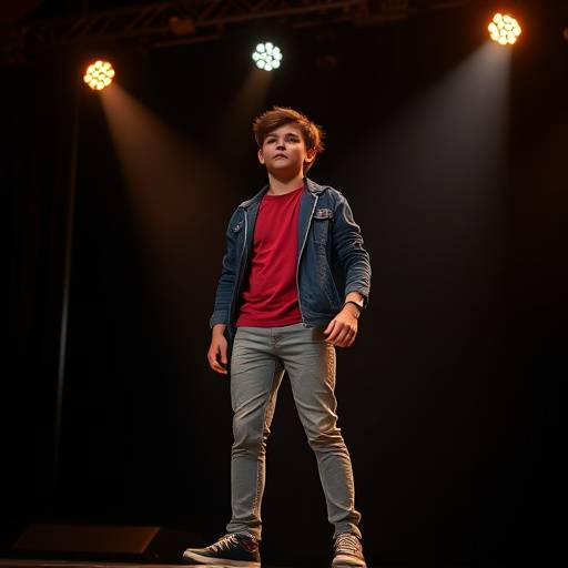 Een student staat op een podium in het licht van een spot, met een krachtige houding.