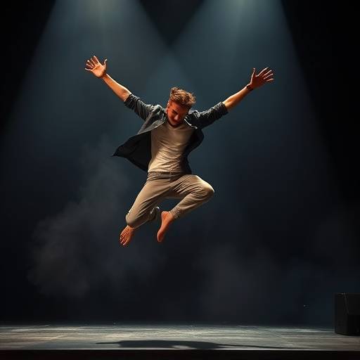 Een studente maakt een dramatische sprong op het podium tijdens een solo-performance.