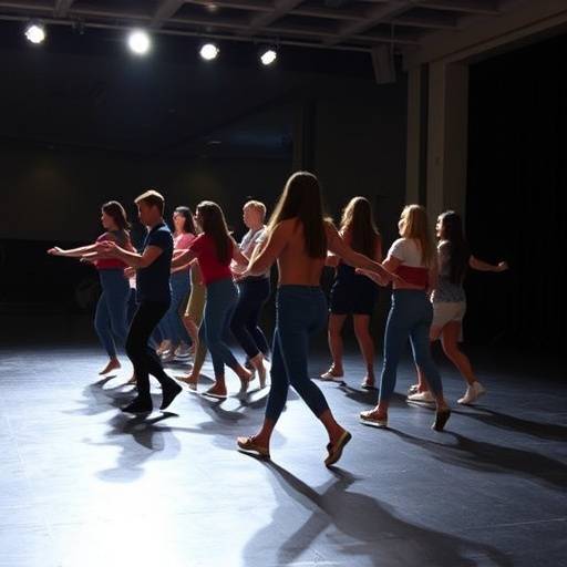 Ensemble van studenten die synchroon bewegen tijdens een groepschoreografie op een verlicht podium.
