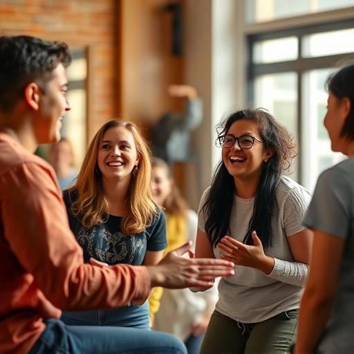 Groep studenten oefent improvisatie met lachende gezichten