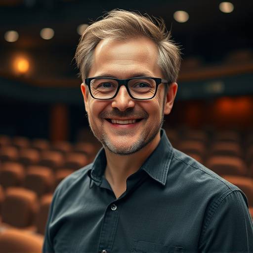 Portret van docent Elias van der Meer, een charismatische man met vriendelijke ogen, poserend in een theaterzaal.