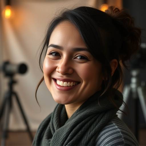 Portret van docent Isabella Rossi, een artistieke vrouw met een warme glimlach, staand voor een decorontwerp.