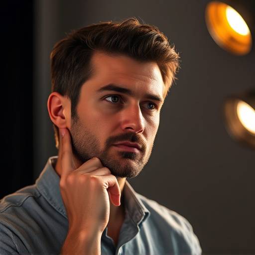 Portret van docent Karim el Amrani, een bedachtzame man met een professionele uitstraling, zittend in een studio met theaterbelichting.