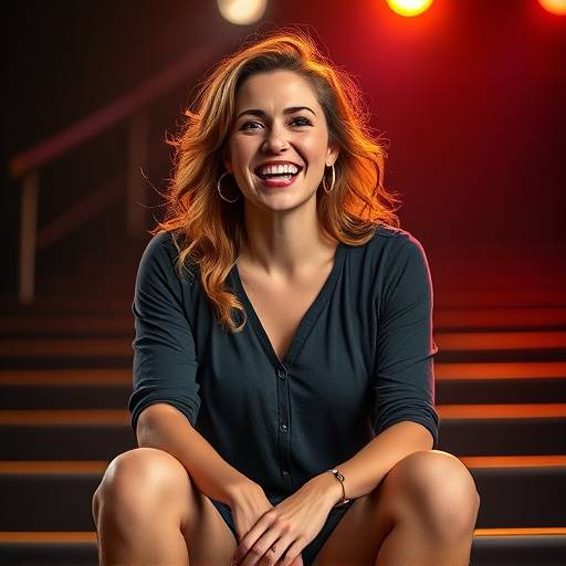 Portret van docent Sophia de Vries, een energieke vrouw met levendige uitdrukkingen, zittend op een podiumtrap.