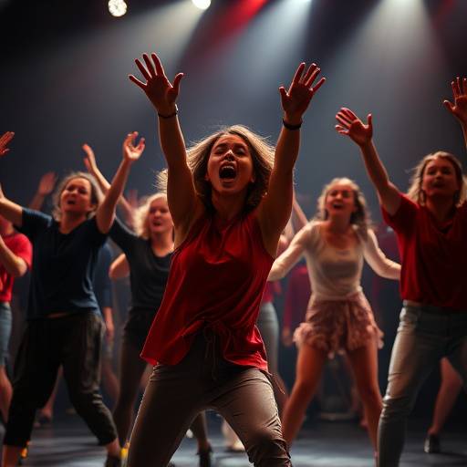 Studenten in een dynamische theateroefening met levendige expressies en bewegingen.