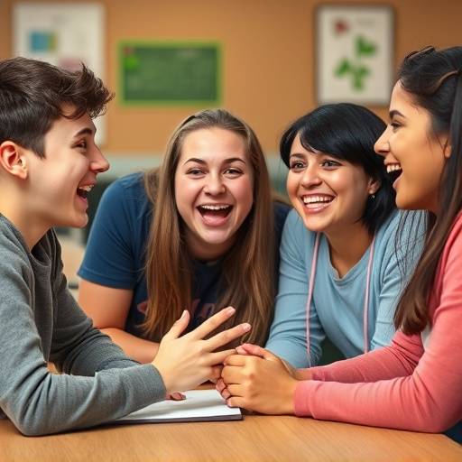 Studenten werken samen aan een improvisatiespel met lachende gezichten.