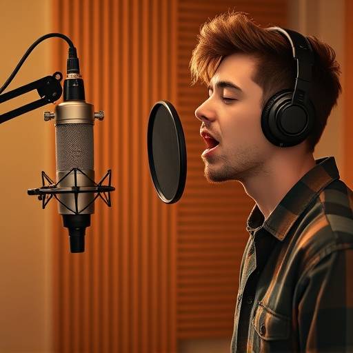 Zangeres oefent haar stem met een microfoon in een geluidsstudio